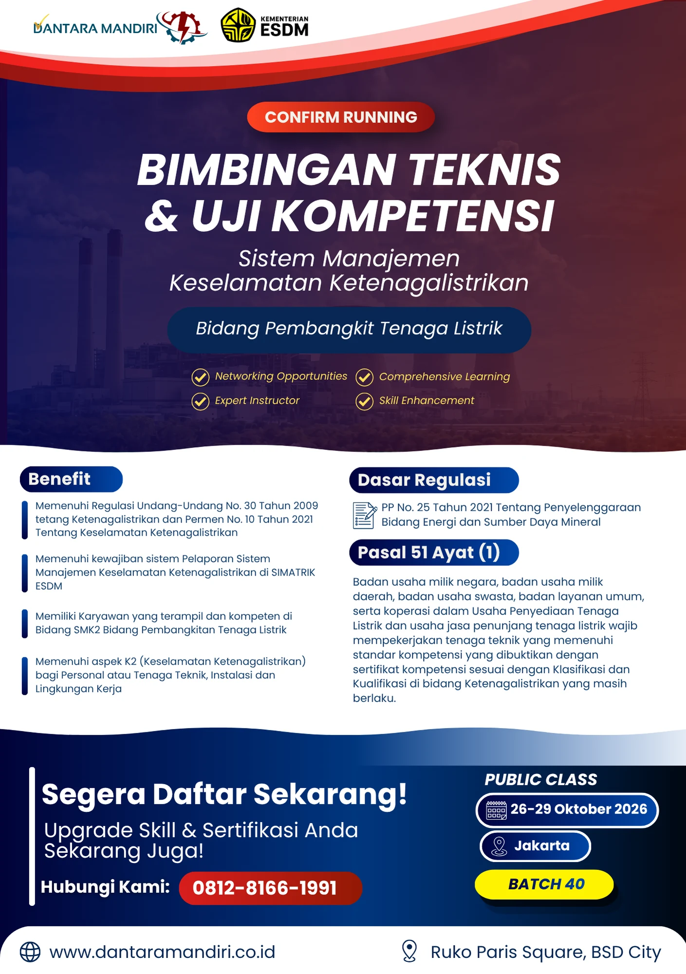 Flyer Confirm Running Bimtek & Uji Kompetensi SMK2 Public Class Batch 40, 26-29 Oktober 2026, Jakarta